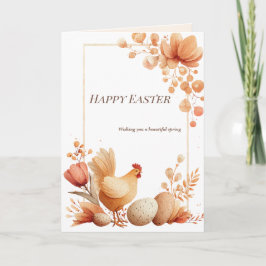 Tarjeta de Feliz Pascua con Pollo y flores