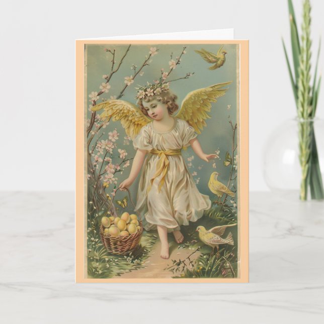 Tarjeta de Feliz Pascua de Ángel Vintage Encantado (Anverso)