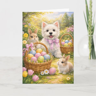 Tarjeta de Feliz Pascua de Westie y conejos