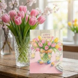 Tarjeta de Feliz Pascua Flores de Tulipán Rosa par