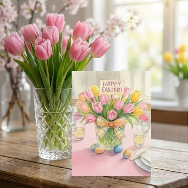 Tarjeta de Feliz Pascua Flores de Tulipán Rosa par (Charming Easter postcard enlarged to show beauty and detail.  Personalize message on backside)