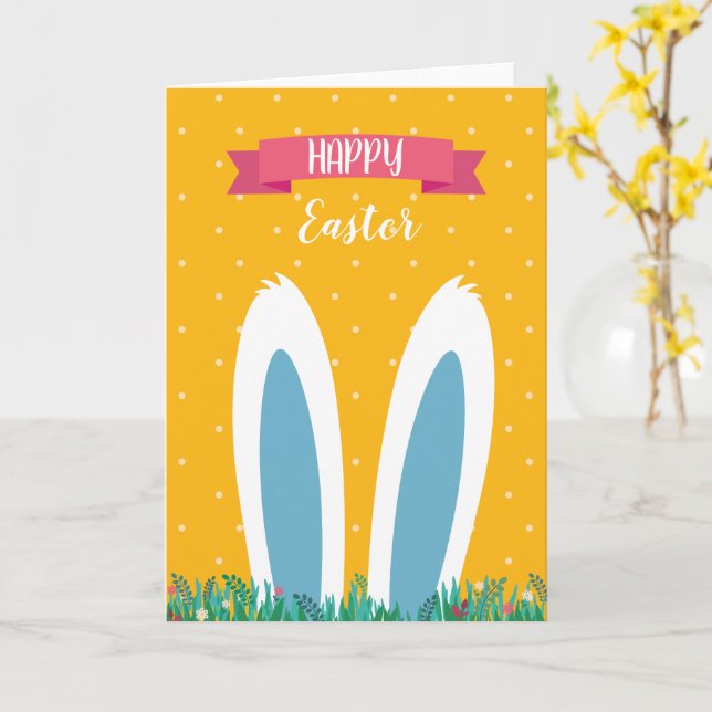 Tarjeta de Feliz Pascua linda con conejo  (flor amarilla)