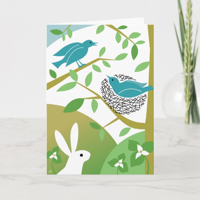 Tarjeta de Feliz Primavera con Aves y Conejo (Anverso)