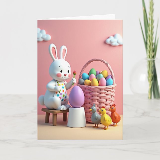 Tarjeta de Feliz Primavera con Conejo Pintando Hue (Anverso)