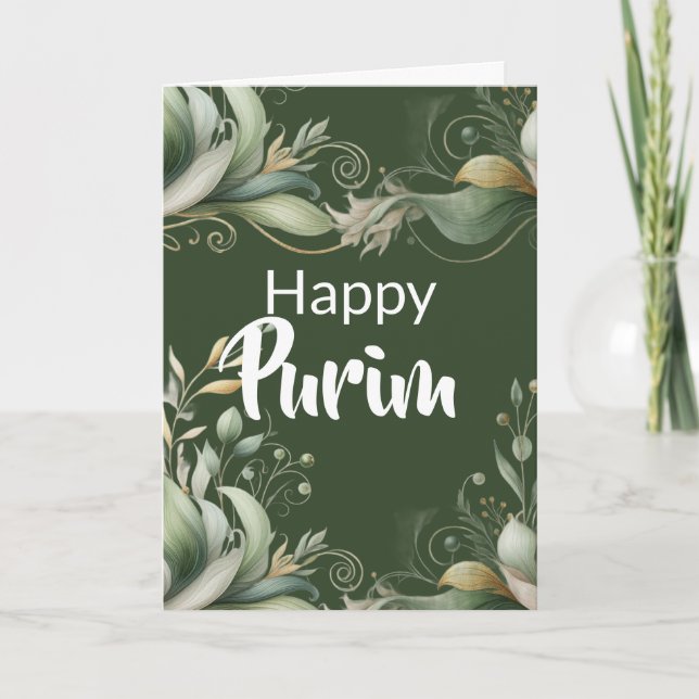 Tarjeta de Feliz Purim - Hojas de Follaje Verde (Anverso)