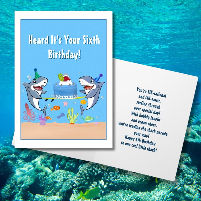 Tarjeta de Feliz Sexto Cumpleaños Tiburones con Ta (Subido por el creador)