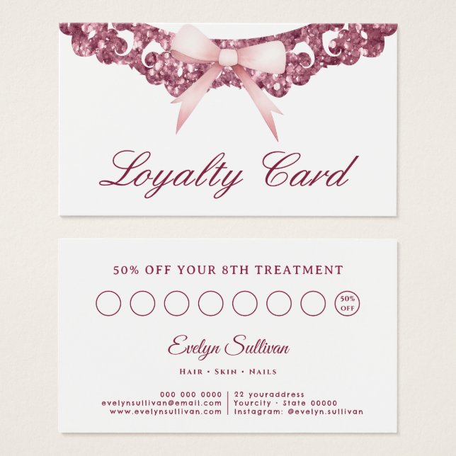 Tarjeta de fidelidad de arco rosa de marco purpuri (Anverso y reverso)