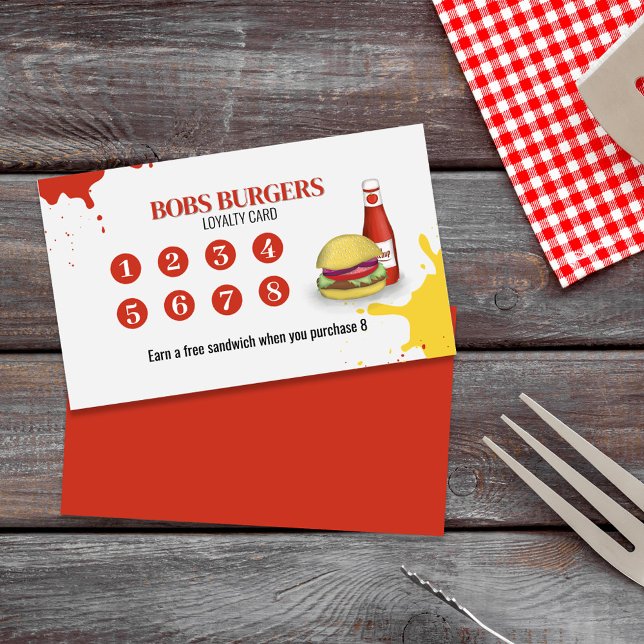 Tarjeta de fidelidad de restaurante Personalizado  (Restaurant Loyalty Card with Hamburgers and Hot Dogs)