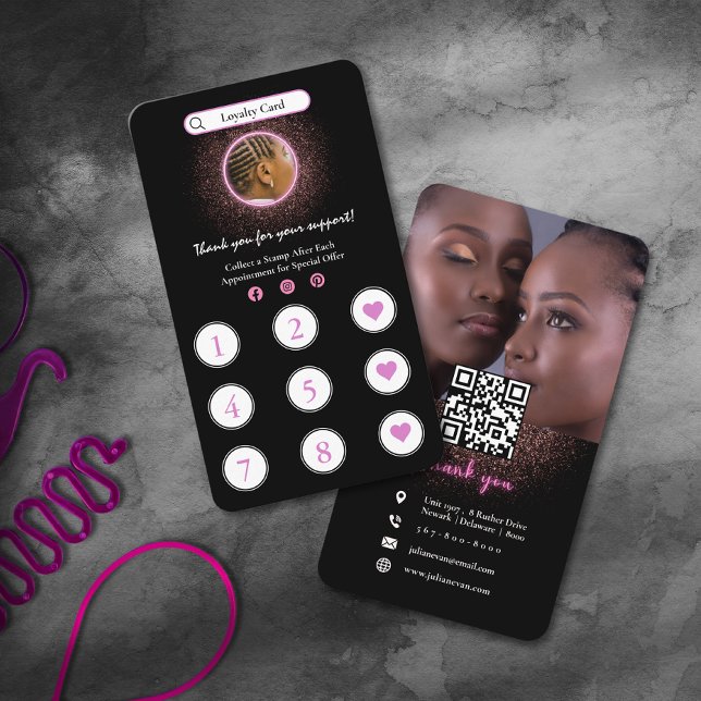 Tarjeta de fidelidad de trenzado de pelo rosado pu (Glitter Neon Pink Hair Braiding Loyalty Card)