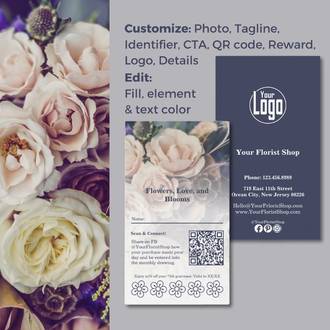 Tarjeta de fidelidad florista de Personalizable Bl (Blooms & Rewards Customizable Florist Loyalty Card, QR code, Custom Logo, Color customizable
)