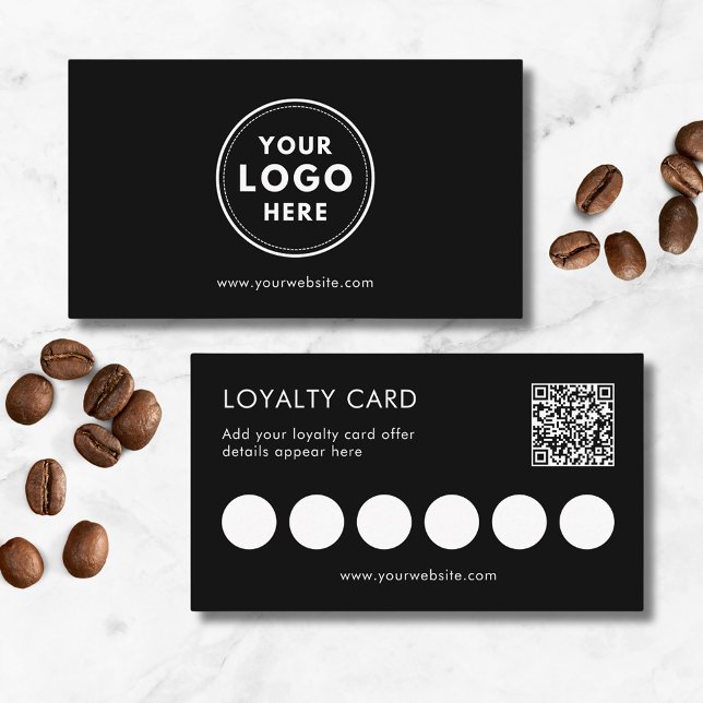 Tarjeta de fidelidad QR con logotipo para pequeñas (Customer loyalty card for coffee shop or service business. Add you own QR, website & offer details.)