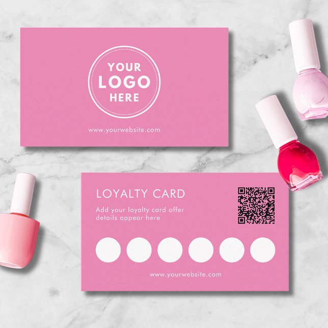 Tarjeta de fidelidad QR con logotipo para pequeñas (Modern pink logo small business loyalty card, for service business beauty nail bar hair salon QR)