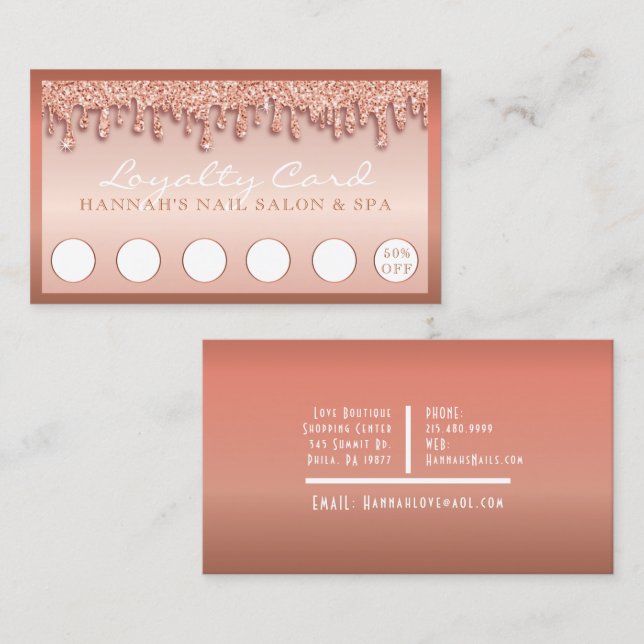 Tarjeta de fidelidad Rosa Gold Sparkle Nail Salon  (Anverso / Reverso)