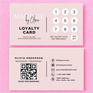 Tarjeta de fidelidad rosa QR, terapeuta de masaje