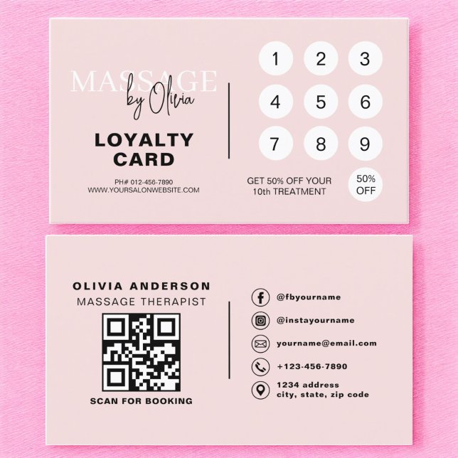 Tarjeta de fidelidad rosa QR, terapeuta de masaje (Subido por el creador)