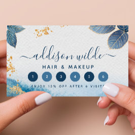 Tarjeta De Fidelización Abstracto de hojas botánicas de color azul dorado