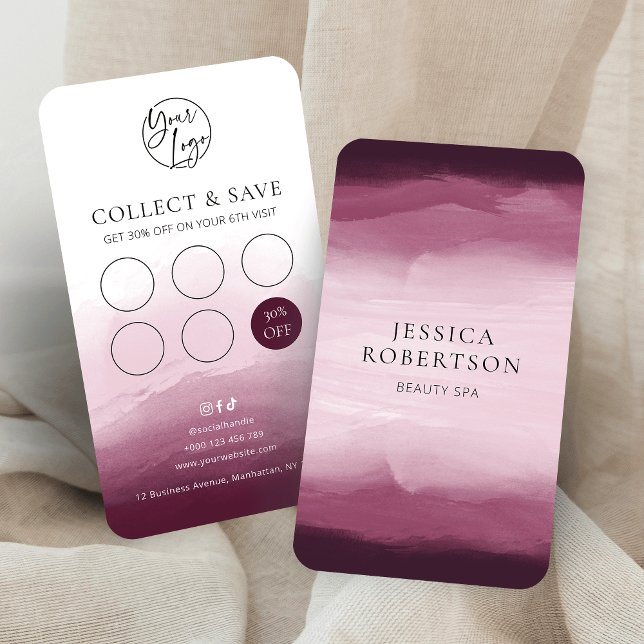 Tarjeta De Fidelización Acuarela moderna Borgoña Salón de belleza Nails Sp (Burgundy watercolor business loyalty cards with elegant serif fonts, custom discount & your logo)