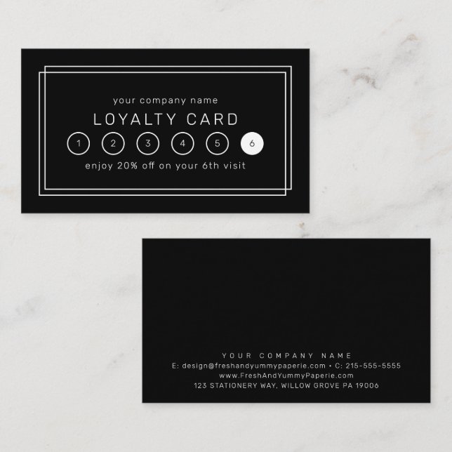 Tarjeta De Fidelización AVERY Modern Black Business Reward 6 Punch (Anverso / Reverso)