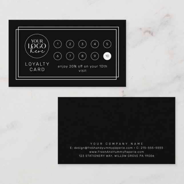 Tarjeta De Fidelización AVERY Modern Black Logo Business Reward 10 Punch (Anverso / Reverso)