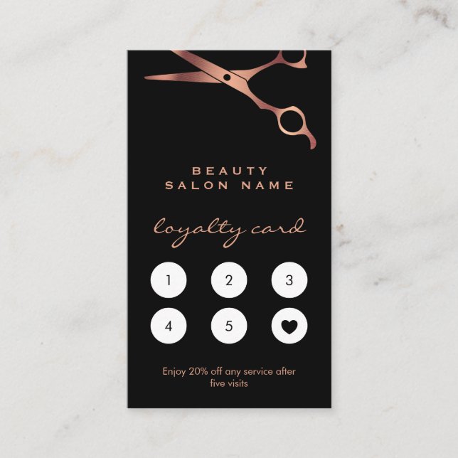 Tarjeta De Fidelización Barber Shop Hairdresser Black Copper Scisors (Anverso)