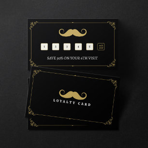 Tarjeta De Fidelización Barbería Vintage Bigote Negro y Dorado Simple