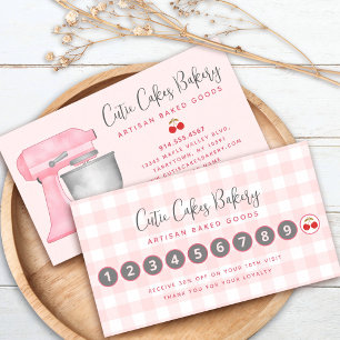 Tarjeta De Fidelización Batidora de Cocina Rosa Gingham Cuadros Pastel Pan
