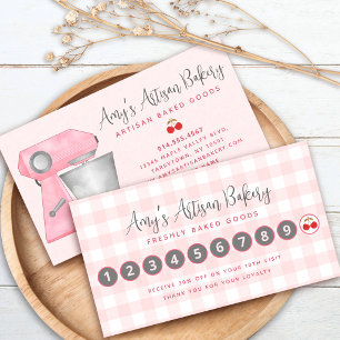 Tarjeta De Fidelización Batidora de Panadería Rosa Gingham Cuadros Pastele