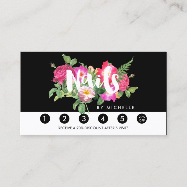 Tarjeta De Fidelización Beauty Florals Nail Salon Black Loyalty Card (Anverso)
