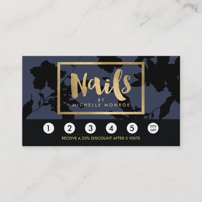 Tarjeta De Fidelización Black Floral Gold Text Nail Salon Blue Loyalty (Anverso)