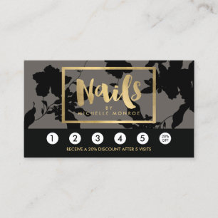 Tarjeta De Fidelización Black Floral Gold Text Nail Salon Gray Loyalty