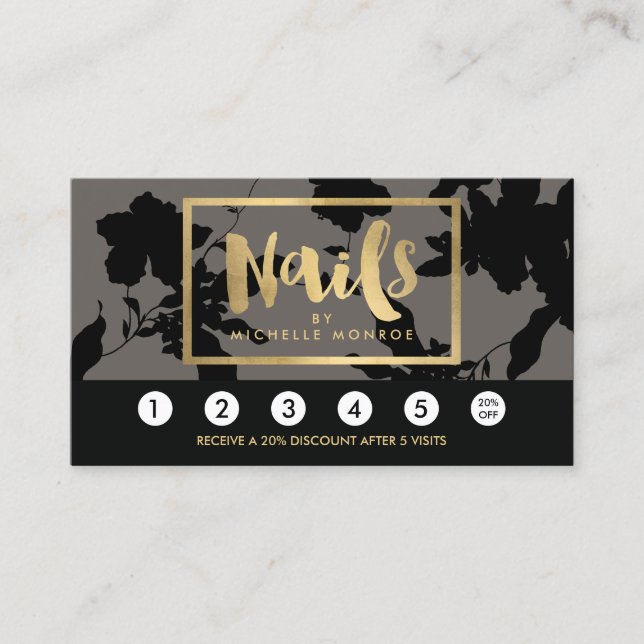 Tarjeta De Fidelización Black Floral Gold Text Nail Salon Gray Loyalty (Anverso)