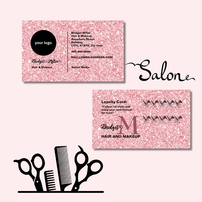 Tarjeta De Fidelización Blush Glitter hair salon monogram Logo (Subido por el creador)