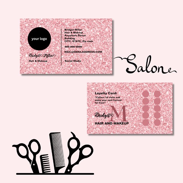 Tarjeta De Fidelización Blush Glitter hair salon monogram Logo (Subido por el creador)
