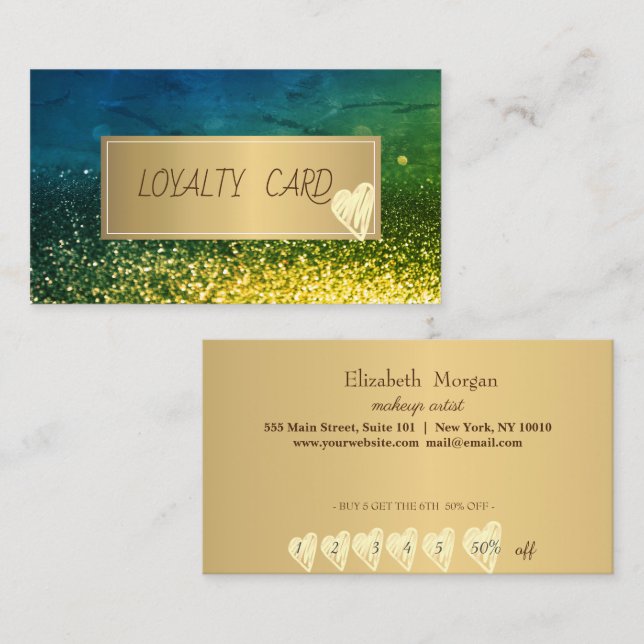 Tarjeta De Fidelización Bokeh verde profesional, marco, corazón dorado (Anverso / Reverso)