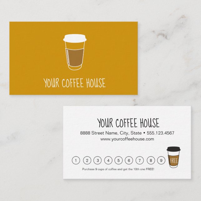 Tarjeta De Fidelización Café Personalizado amarillo mostaza (Anverso / Reverso)