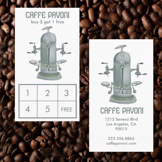 Tarjeta De Fidelización Cafetería de café de época de espresso acuático (Watercolor antique espresso machine custom coffee loyalty card business card
)