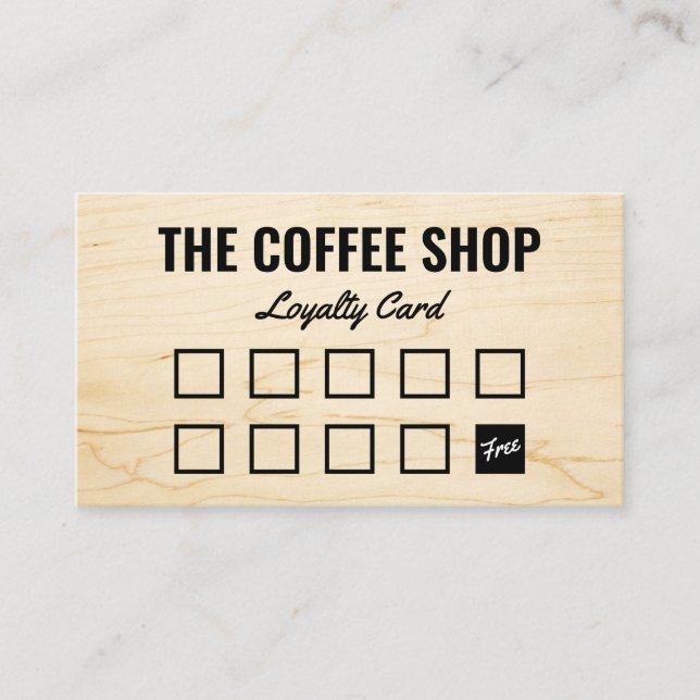 Tarjeta De Fidelización cafetería rústica de grano de madera clara minimal (Anverso)