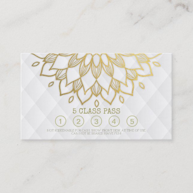 Tarjeta De Fidelización Clase Yoga Pass Gold Mandala Floral Cuero blanco (Anverso)