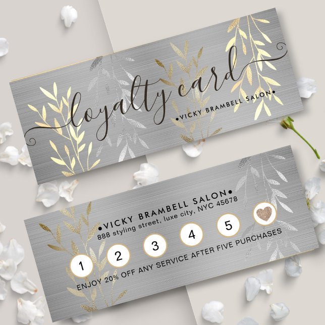 Tarjeta De Fidelización Clásico Lux Faux Gold & Silver deja el punzón del  (Classy Luxury Gold & Silver Leaves Salon Punch Loyalty Card)