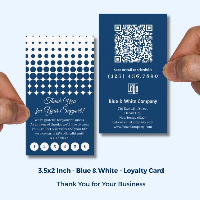 Tarjeta De Fidelización Classic Blue & White with Logo Thank You Punch (Classic Blue & White with Logo Thank You Punch Loyalty Card; Size: 3.5x2 Inch)