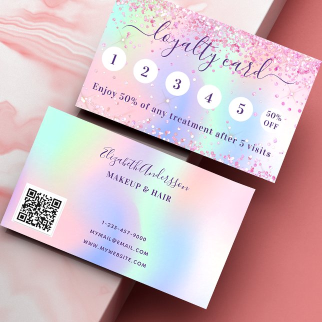 Tarjeta De Fidelización Código qr de purpurina morado holográfico rosa (Subido por el creador)