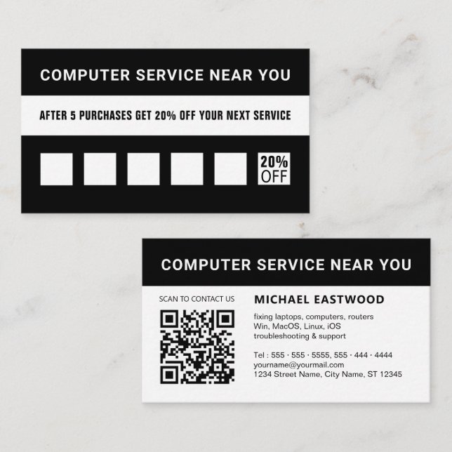 Tarjeta De Fidelización Código QR profesional simple en blanco y negro (Anverso / Reverso)