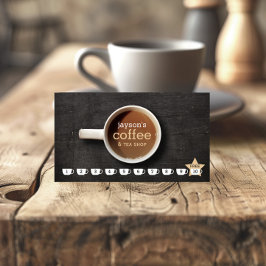Tarjeta De Fidelización Coffee Cup on Black Wood Coffee Shop Loyalty Card