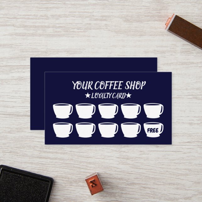 Tarjeta De Fidelización Coffee Cups Navy Blue Cafe Lealtad del Cliente  (Anverso/Reverso In Situ)