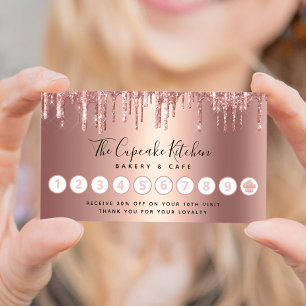 Tarjeta De Fidelización Cupcake Rose Gold Glitter Drips Panadería Pasteler