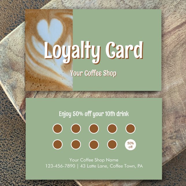 Tarjeta De Fidelización Custom Modern Eucalyptus Coffee Cafe Customer (Add your own words to this coffee shop loyalty card template. Eucalyptus green and modern script.
)
