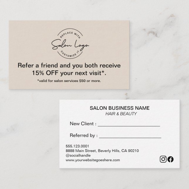 Tarjeta De Fidelización Custom Salon Referral Discount Card Refer a Friend (Anverso / Reverso)