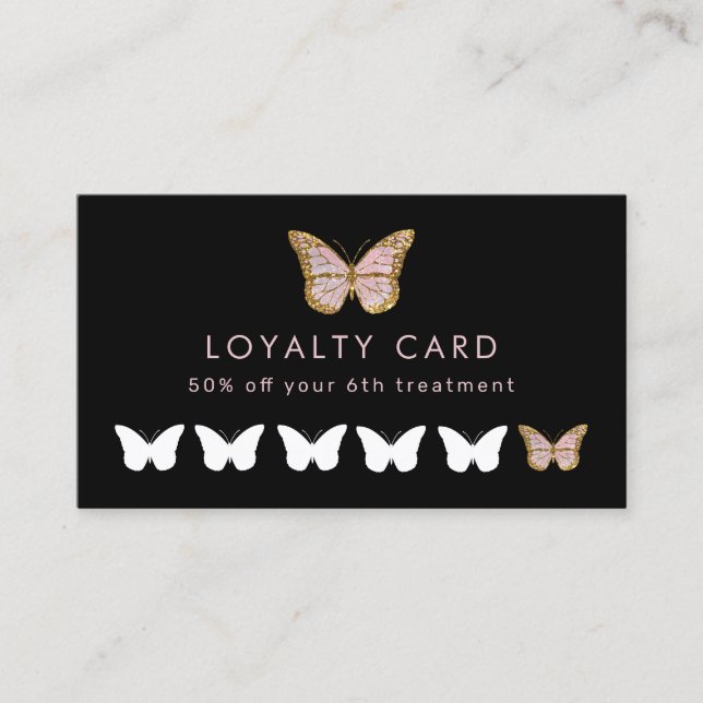 tarjeta de fidelización de mariposa rosa purpurina (Anverso)