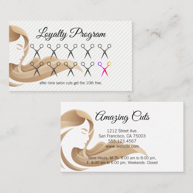 Tarjeta De Fidelización El pelo de la mujer | Tijeras de salon | Lealtad (Anverso / Reverso)