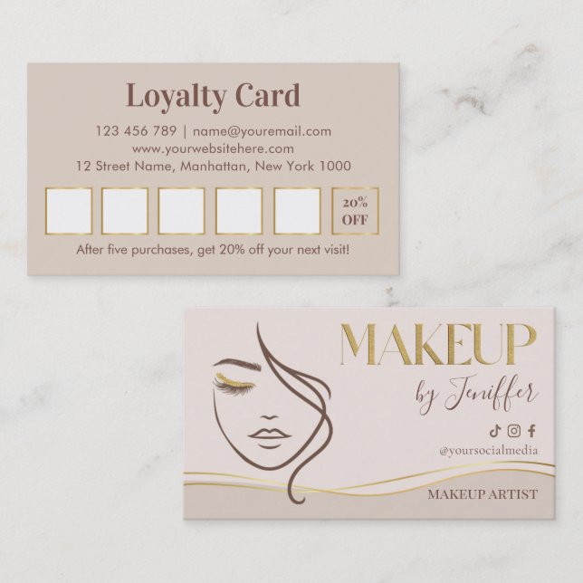 Tarjeta De Fidelización Elegant Beige & Gold Makeup Artist Loyalty (Anverso / Reverso)